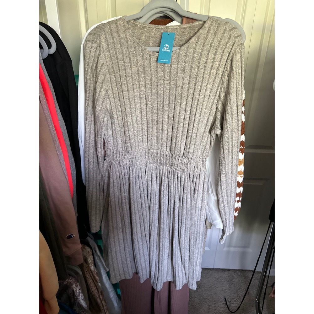 Cupshe Sage Green Ribbed Knit Smocked Waist Long Sleeve Fit and Flare Mini Dress - Picture 7 of 8